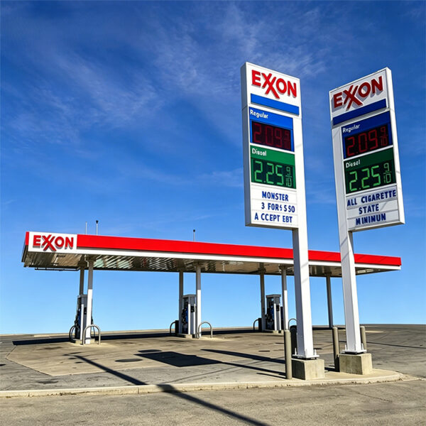 Custom Steel Fuel Station Pylon Sign with Integrated LED Information Display Custom Steel Fuel Station Pylon Sign with Integrated LED Information Display