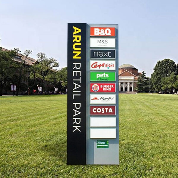 Illuminated Outdoor Wayfinding Pylon with Multi-Tenant Directory Panels