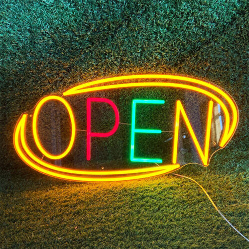 Letreiro vertical verde com LED e néon «OPEN» para bares e cafés
