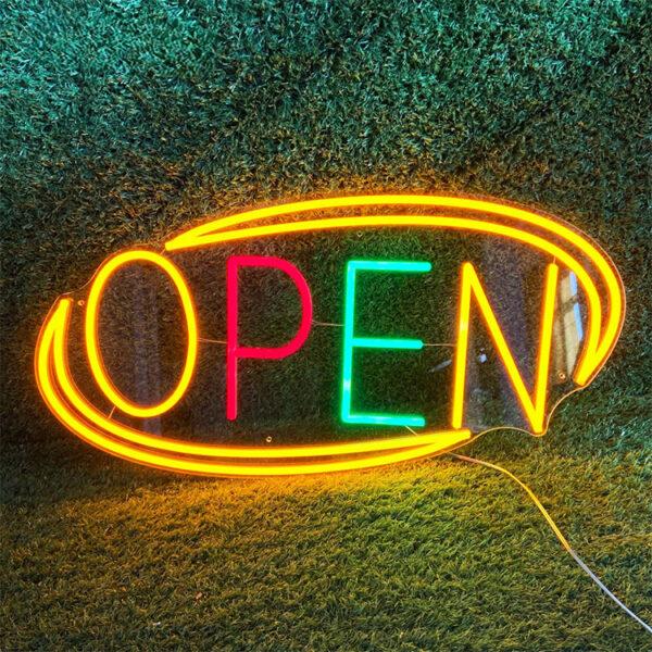 Letreiro vertical verde com LED e néon «OPEN» para bares e cafés