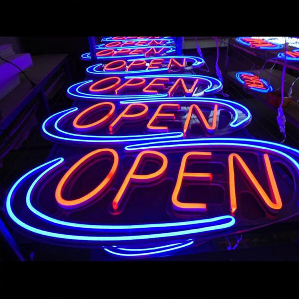 Letreiro vertical verde com LED e néon «OPEN» para bares e cafés